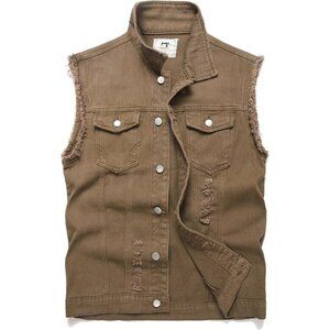 An olive-brown sleeveless denim vest with a rugged wash frayed Vest for Men's